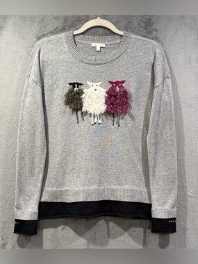 Lisa Todd Grey Fuzzy Sheep Adorned Sweater Size XS Cashmere Blend Cozy